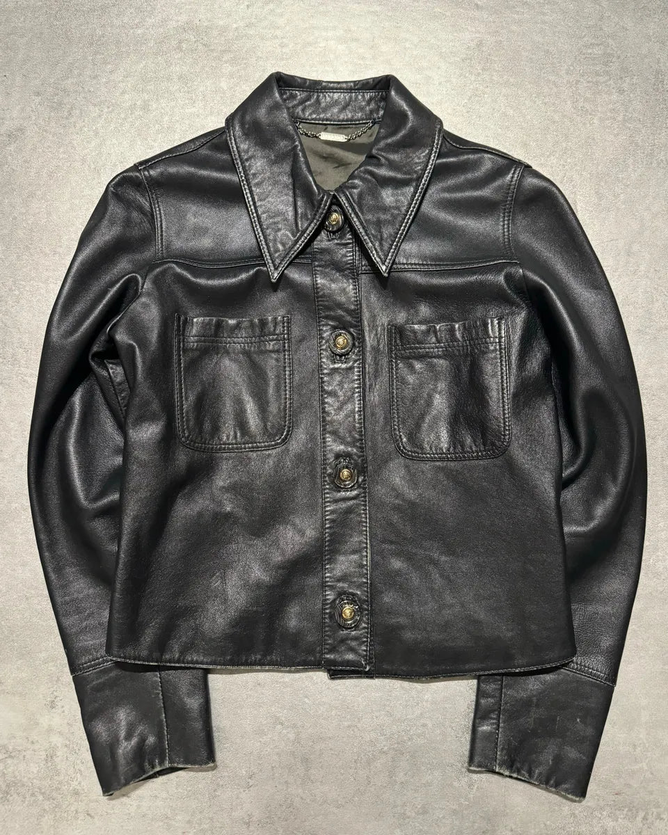 2000s Versace Black Leather Cropped Minimalist Buttoned Jacket (XS) 5