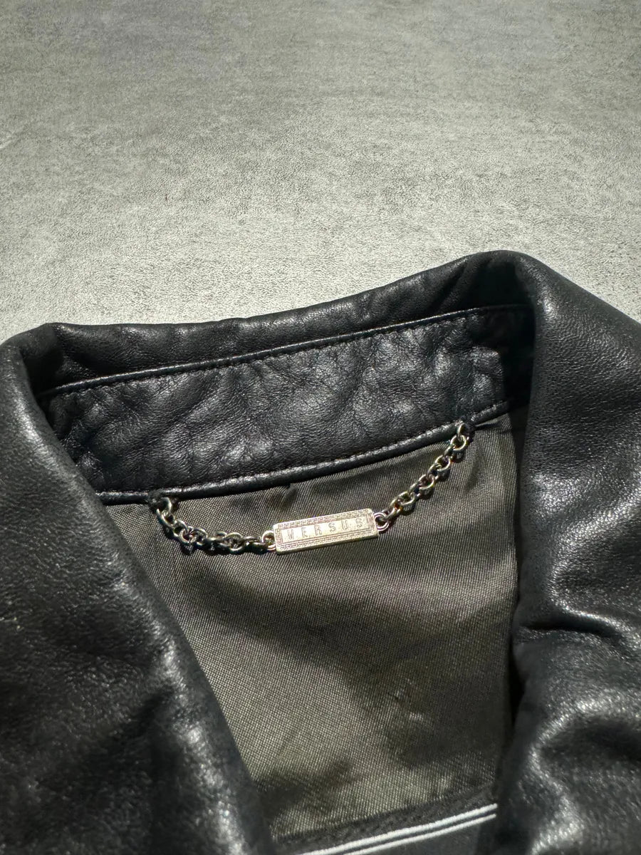 2000s Versace Black Leather Cropped Minimalist Buttoned Jacket (XS) 6