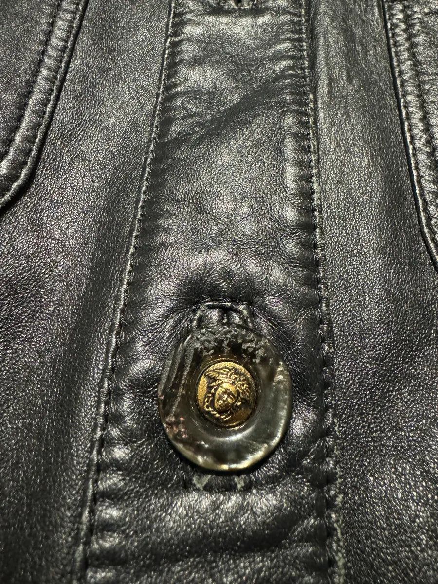 2000s Versace Black Leather Cropped Minimalist Buttoned Jacket (XS) 7