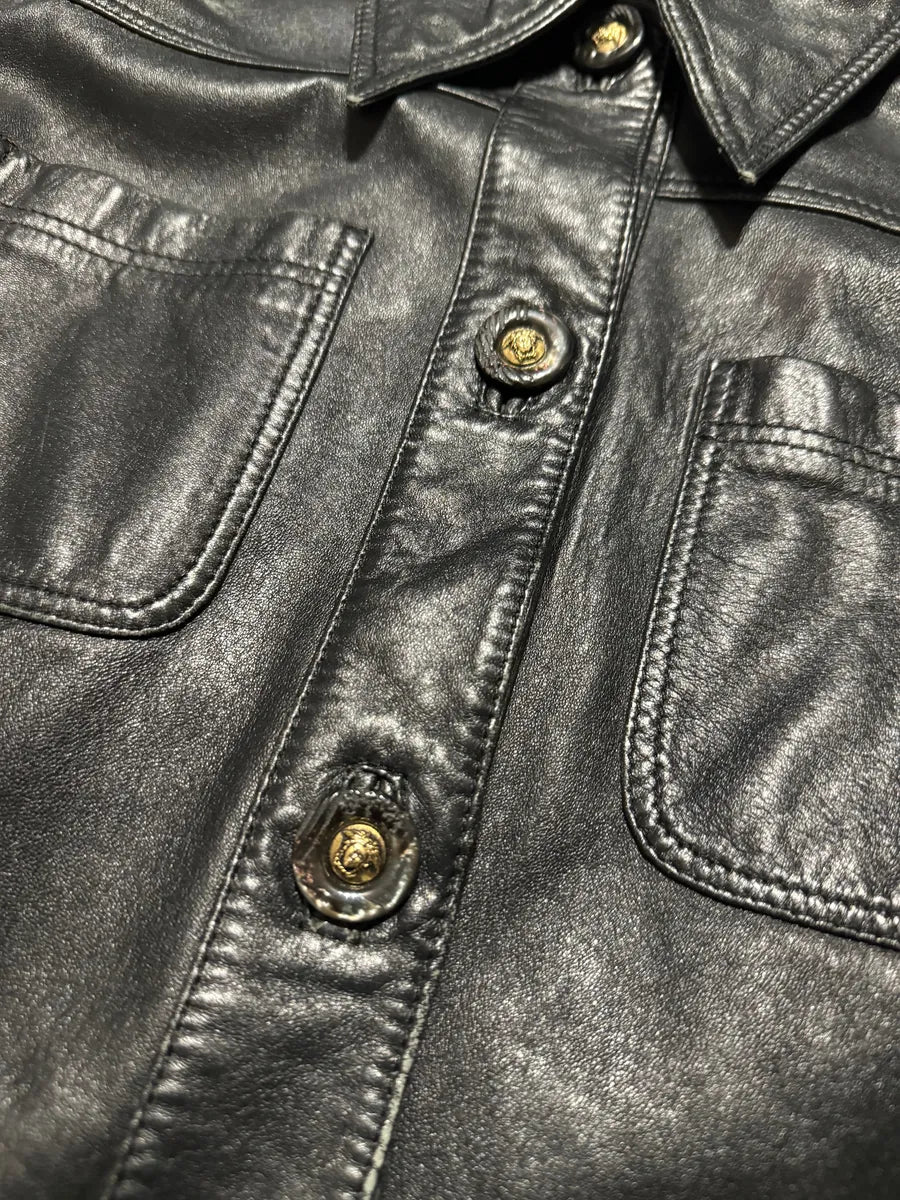 2000s Versace Black Leather Cropped Minimalist Buttoned Jacket (XS) 8