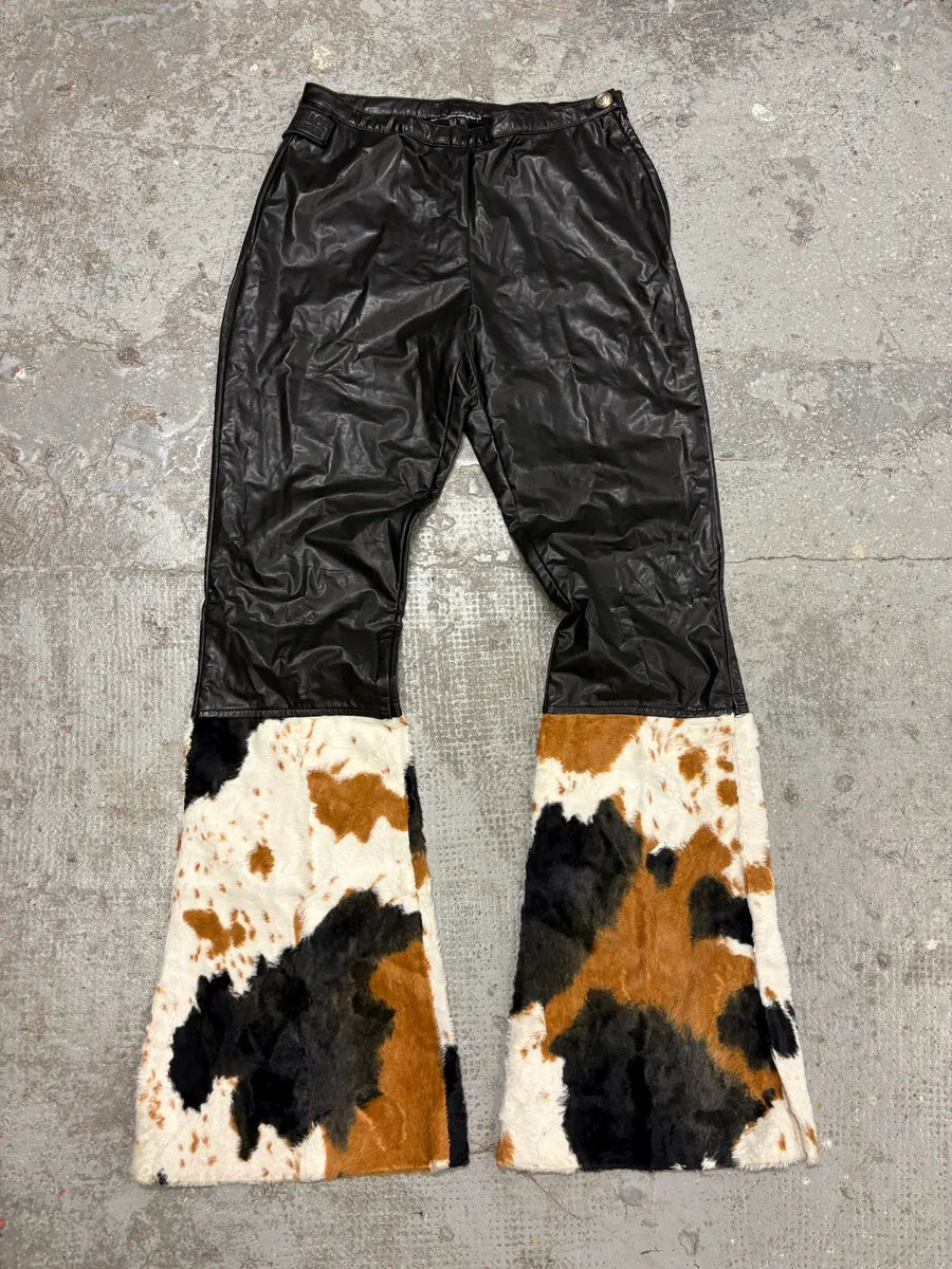 2000s Versace Black Leather Pony Hair Leg Opening Pants (XS/S) xgoaLBG 1