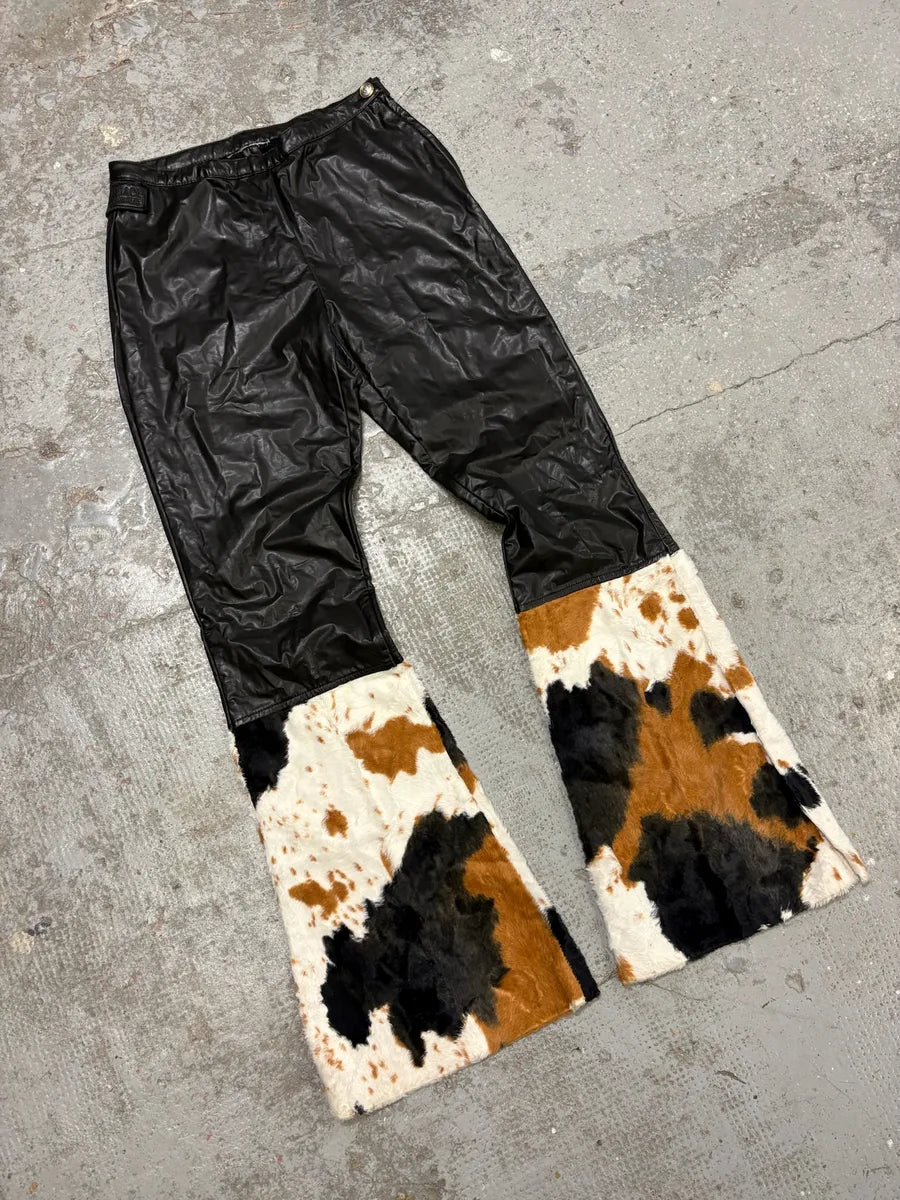 2000s Versace Black Leather Pony Hair Leg Opening Pants (XS/S) xgoaLBG 5