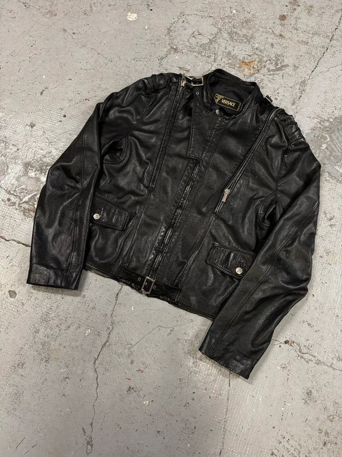 2000s Versace Black Leather Zip Utility Jacket NVOmRXC 2
