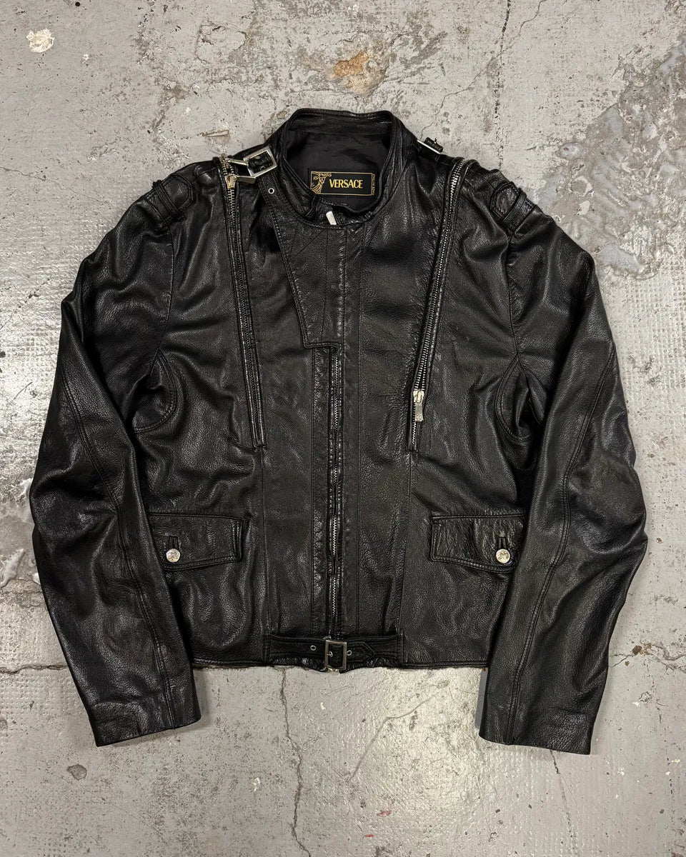 2000s Versace Black Leather Zip Utility Jacket NVOmRXC 0