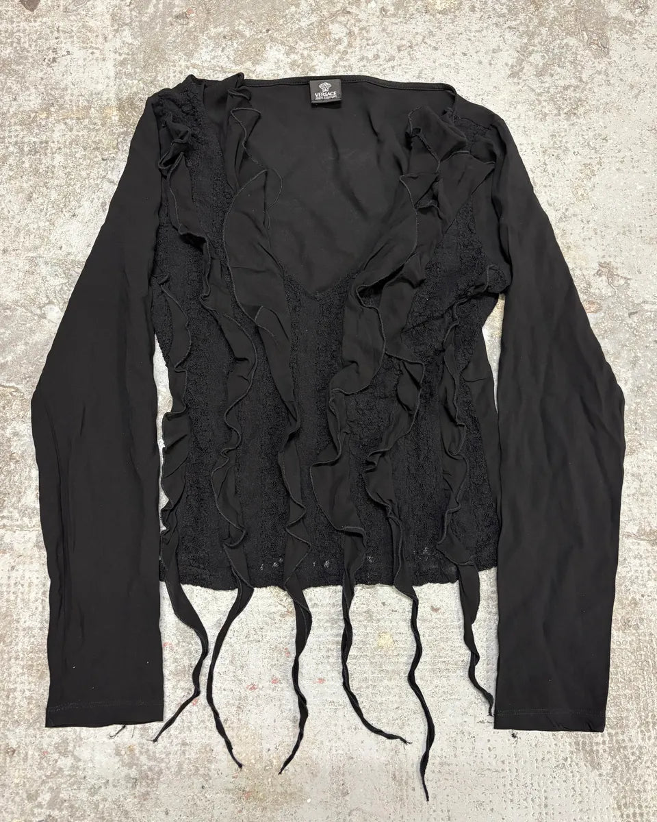 2000s Versace Black Pleats Seaweed Longsleeves Top fywUVsr 0