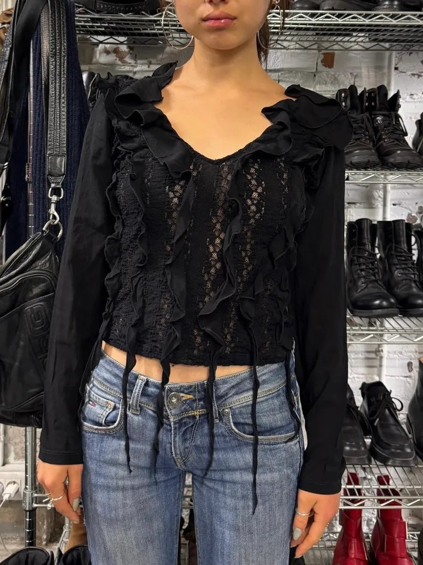 2000s Versace Black Pleats Seaweed Longsleeves Top fywUVsr 1