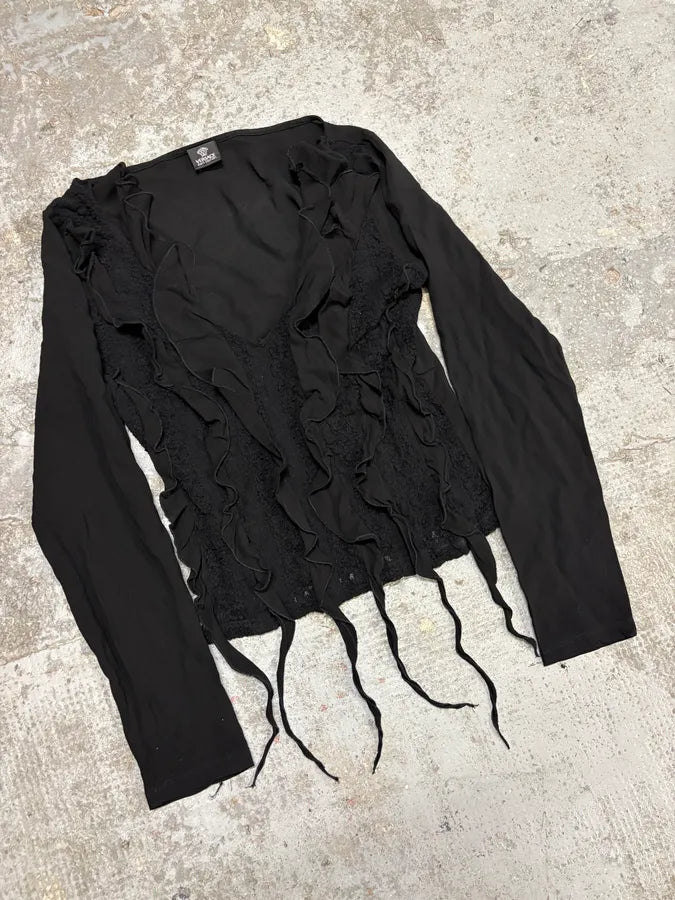 2000s Versace Black Pleats Seaweed Longsleeves Top fywUVsr 2