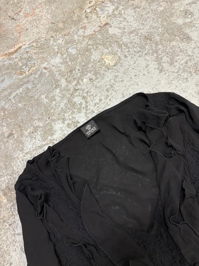 2000s Versace Black Pleats Seaweed Longsleeves Top fywUVsr 3