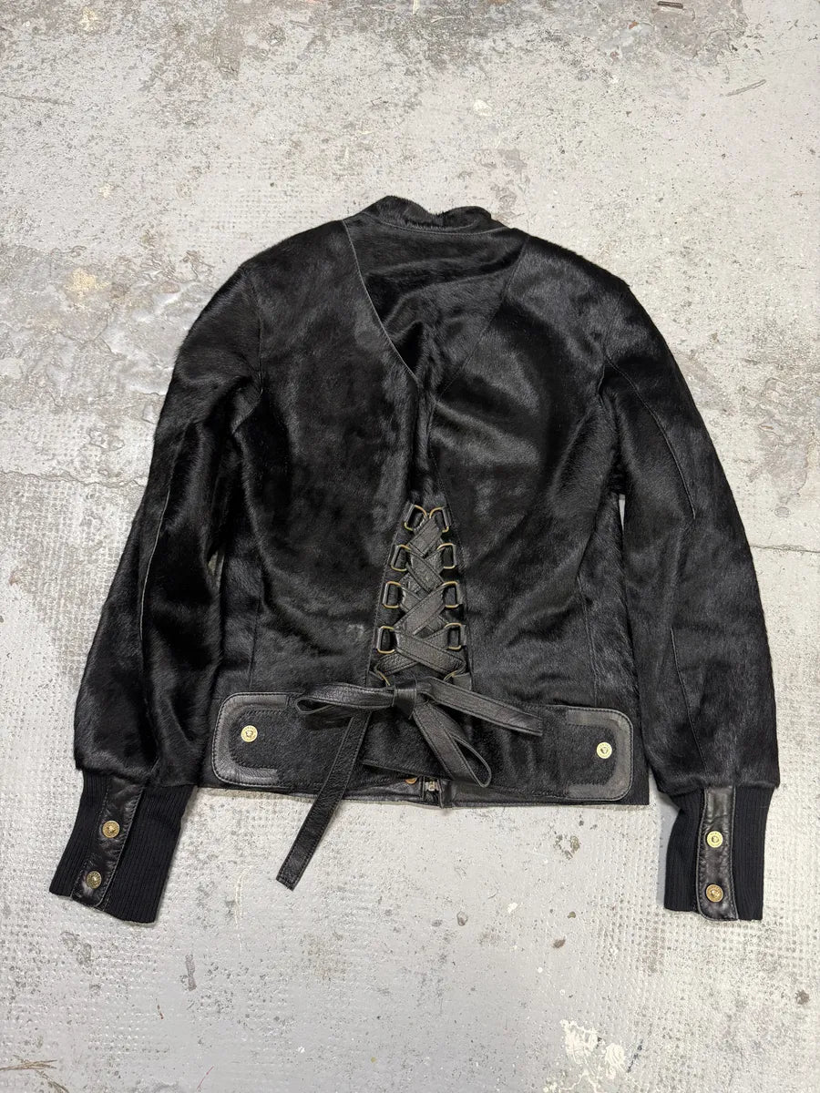 2000s Versace Black Pony Hair Leather Corset Laced Jacket OZqAeBx 1