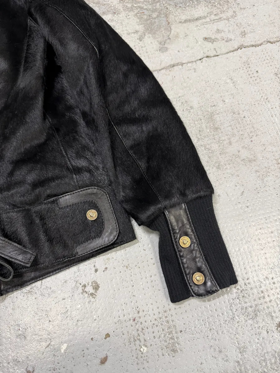 2000s Versace Black Pony Hair Leather Corset Laced Jacket OZqAeBx 10
