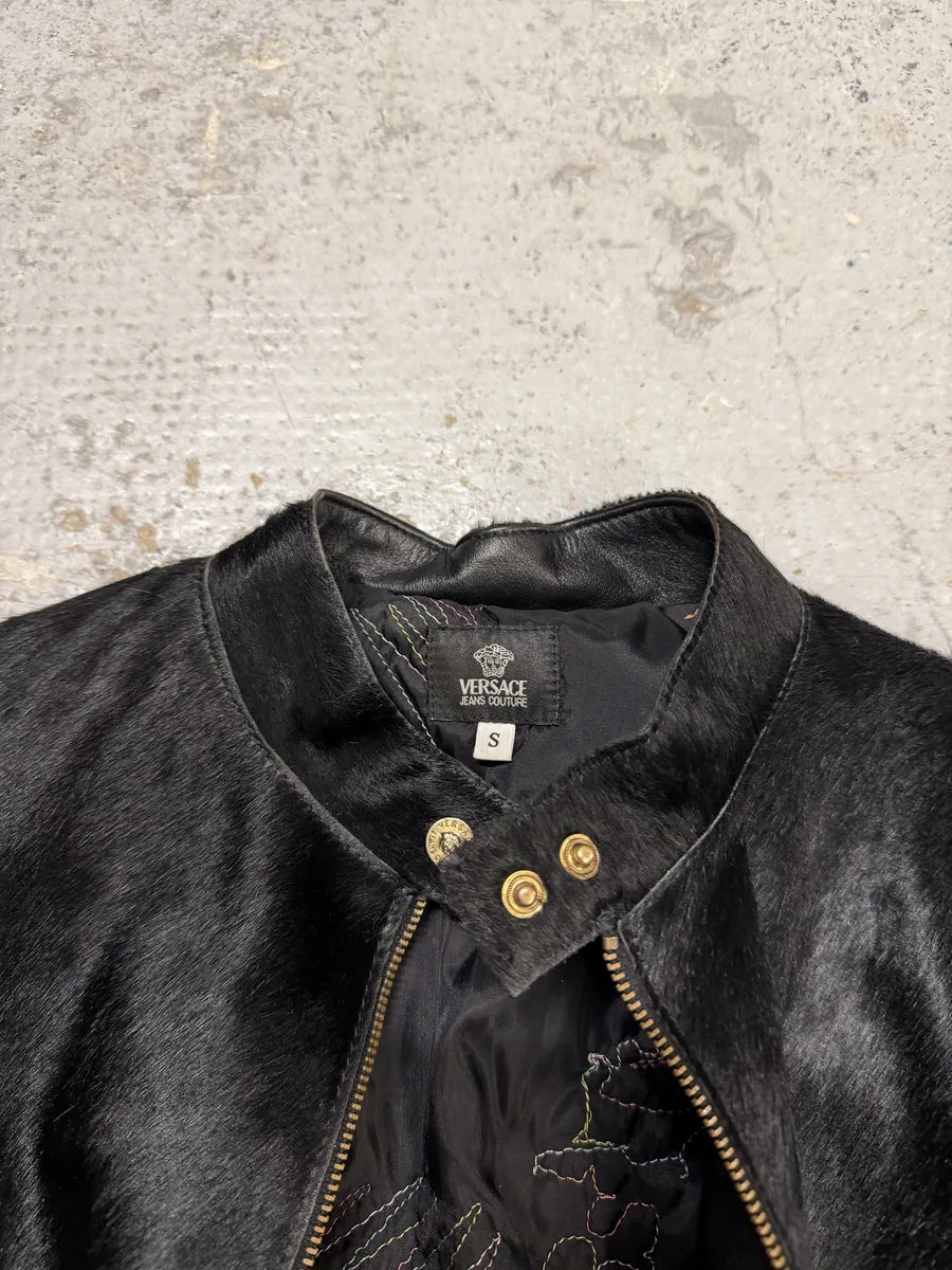 2000s Versace Black Pony Hair Leather Corset Laced Jacket OZqAeBx 11