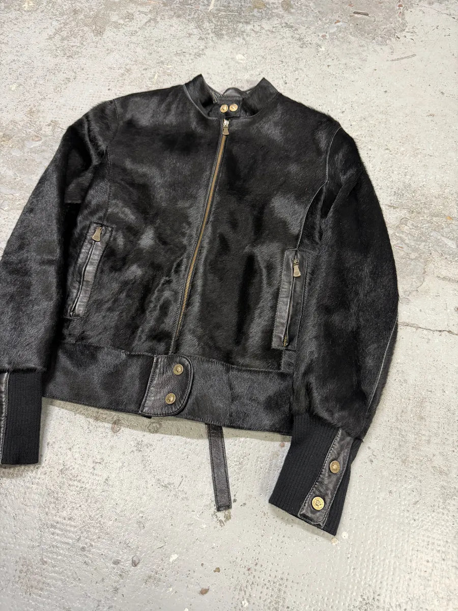 2000s Versace Black Pony Hair Leather Corset Laced Jacket OZqAeBx 2