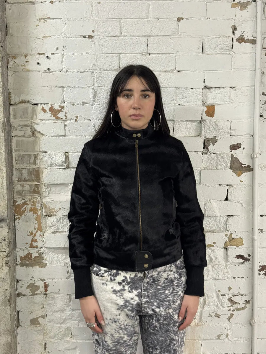 2000s Versace Black Pony Hair Leather Corset Laced Jacket OZqAeBx 4