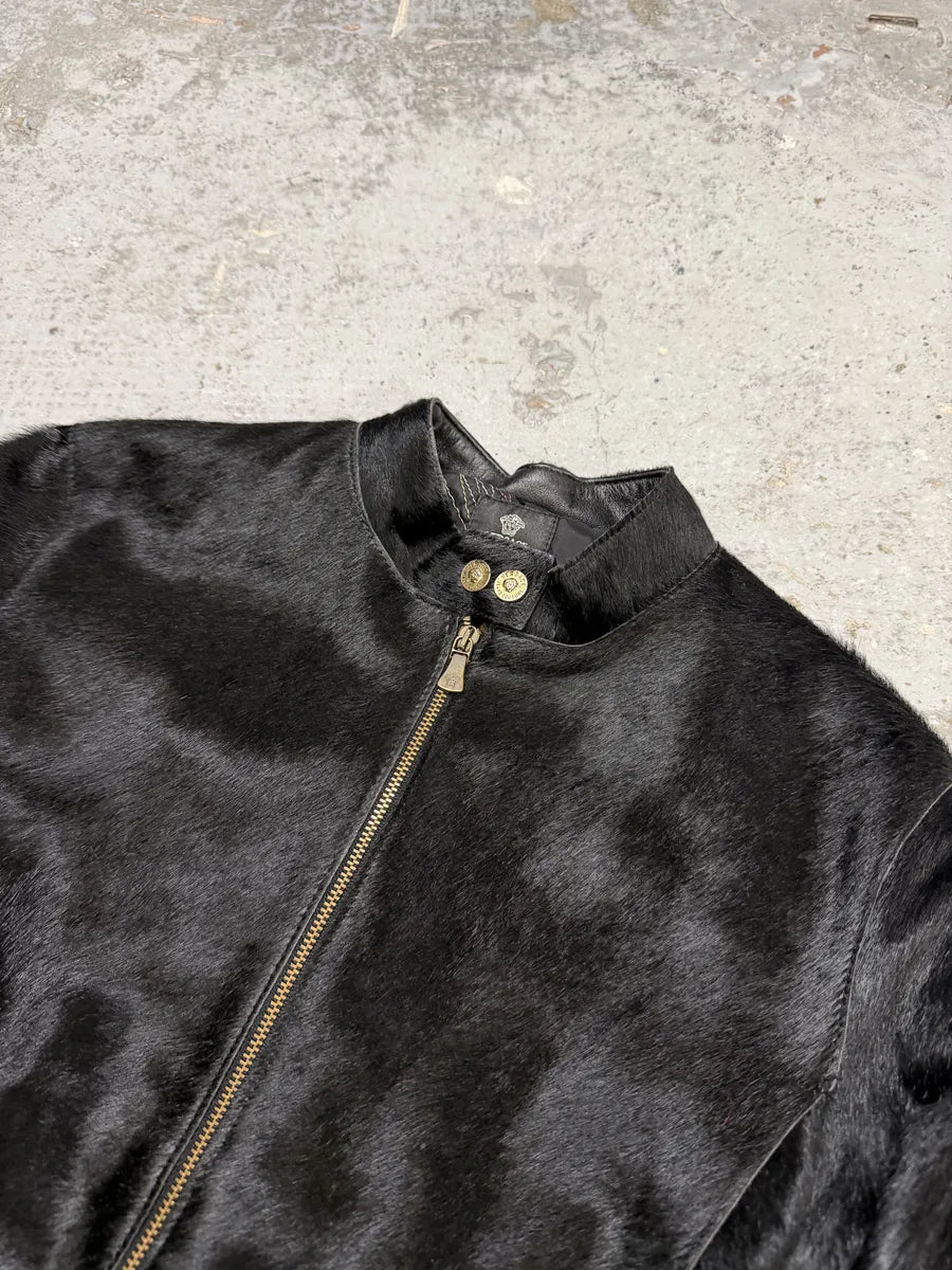2000s Versace Black Pony Hair Leather Corset Laced Jacket OZqAeBx 7