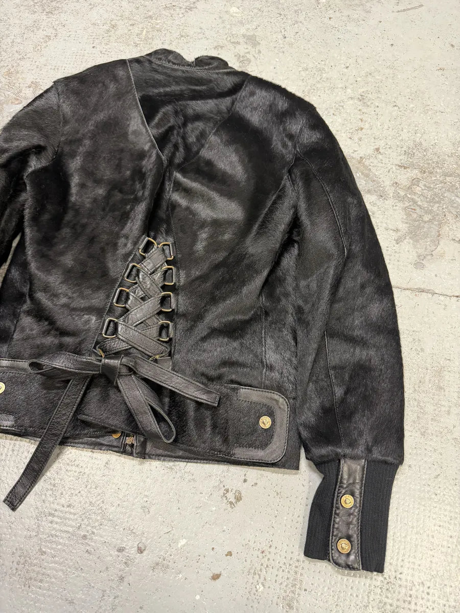 2000s Versace Black Pony Hair Leather Corset Laced Jacket OZqAeBx 9
