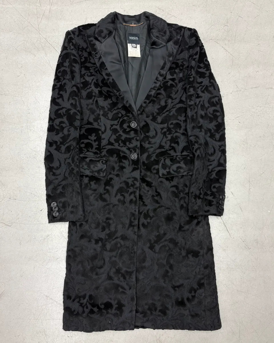 2000s Versace Black Royal Velvet Long Coat CjIIbnP 0