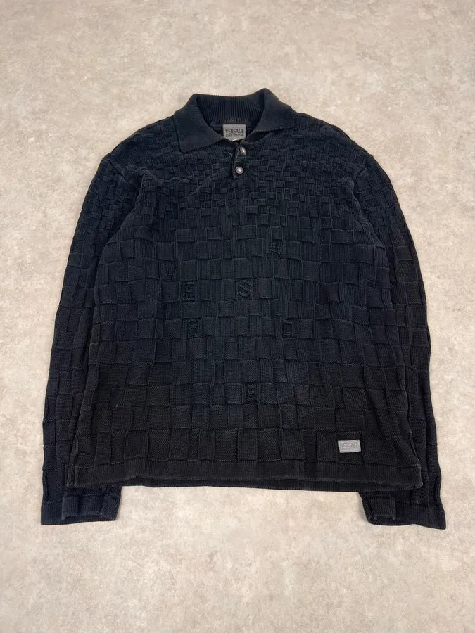 2000s Versace Black Waffled Textured Polo KaaOvhE 0
