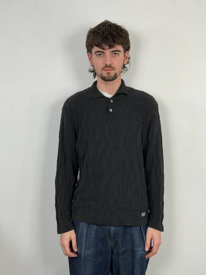 2000s Versace Black Waffled Textured Polo KaaOvhE 1