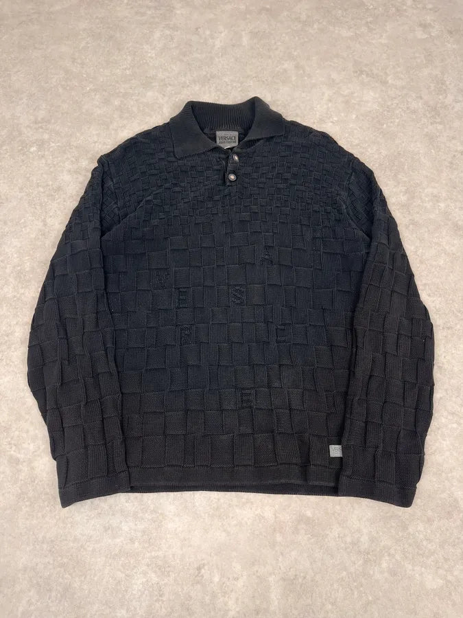 2000s Versace Black Waffled Textured Polo KaaOvhE 3