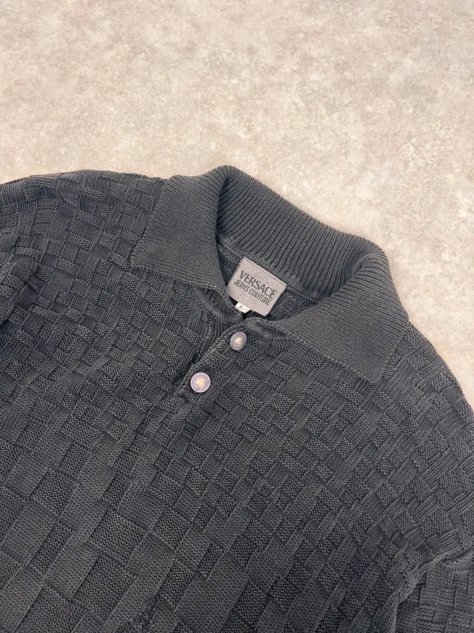 2000s Versace Black Waffled Textured Polo KaaOvhE 4