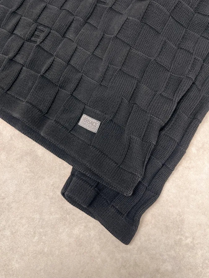 2000s Versace Black Waffled Textured Polo KaaOvhE 5