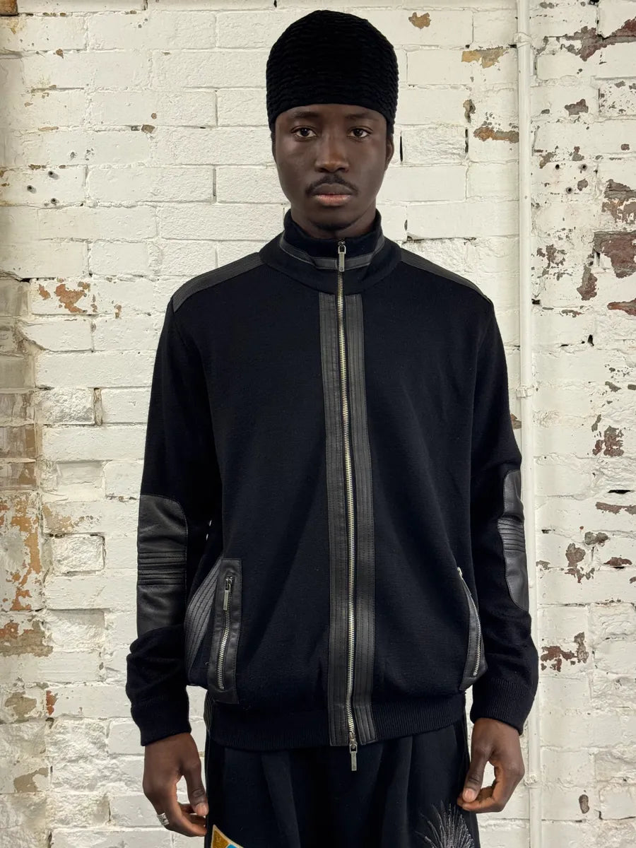 2000s Versace Black Wool & Leather Hybrid Jacket JHmEPUf 0