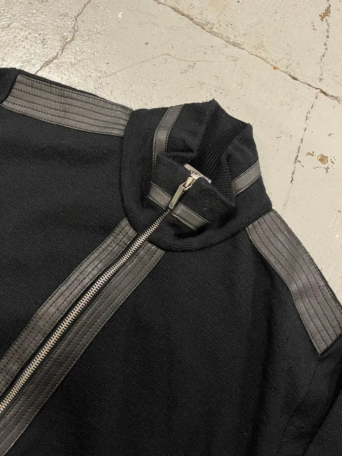 2000s Versace Black Wool & Leather Hybrid Jacket JHmEPUf 4