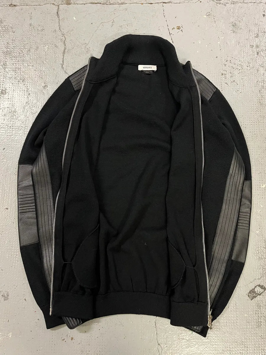 2000s Versace Black Wool & Leather Hybrid Jacket JHmEPUf 7