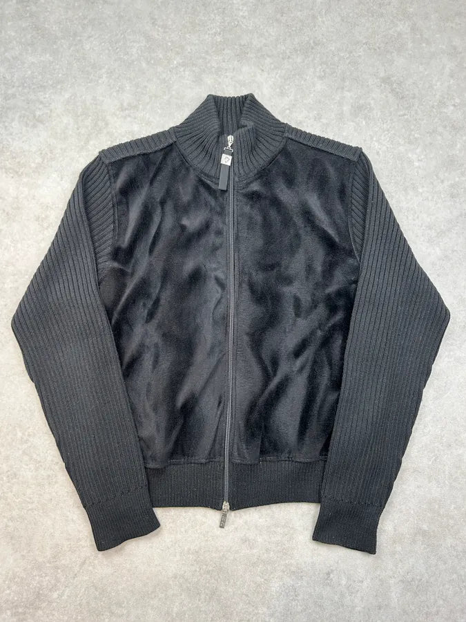 2000s Versace Black Wool Ribbed Zip-up Cardigan kuhjKdD 0