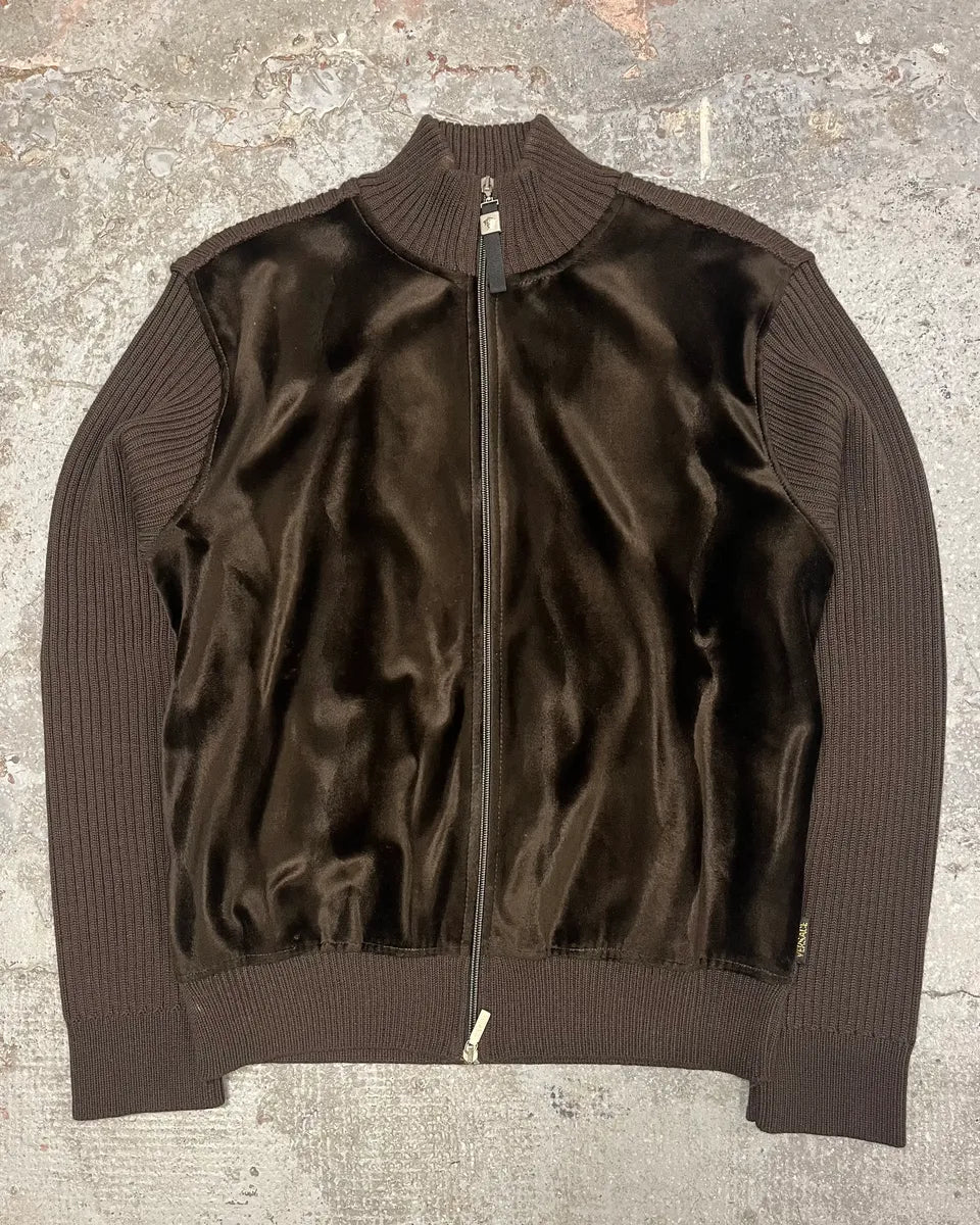 2000s Versace Brown Pony Hair Hybrid Zip-Up Sweater (L) pEGRZdT 0
