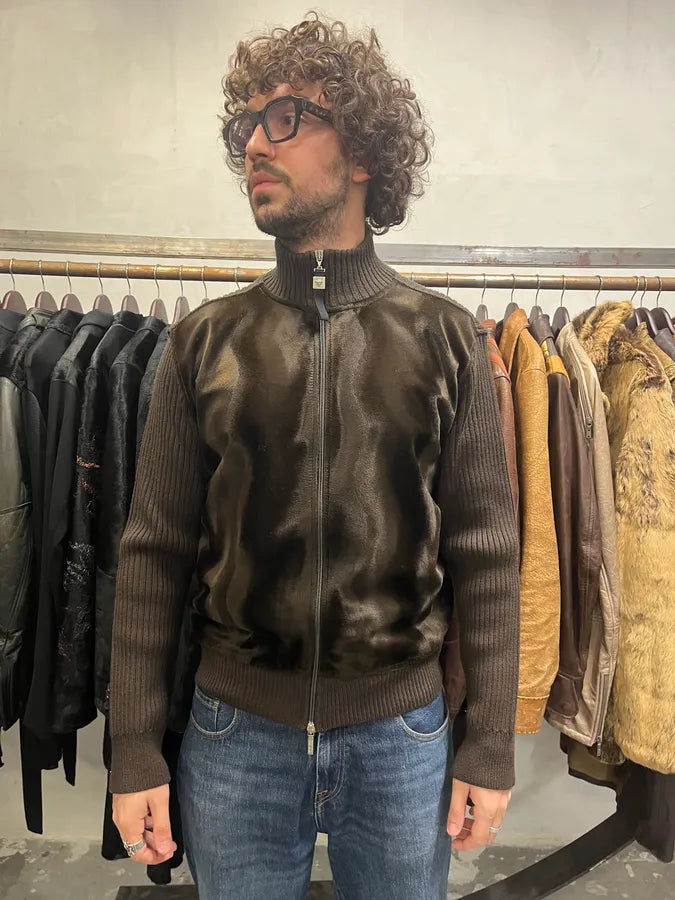 2000s Versace Brown Pony Hair Hybrid Zip-Up Sweater (L) pEGRZdT 1