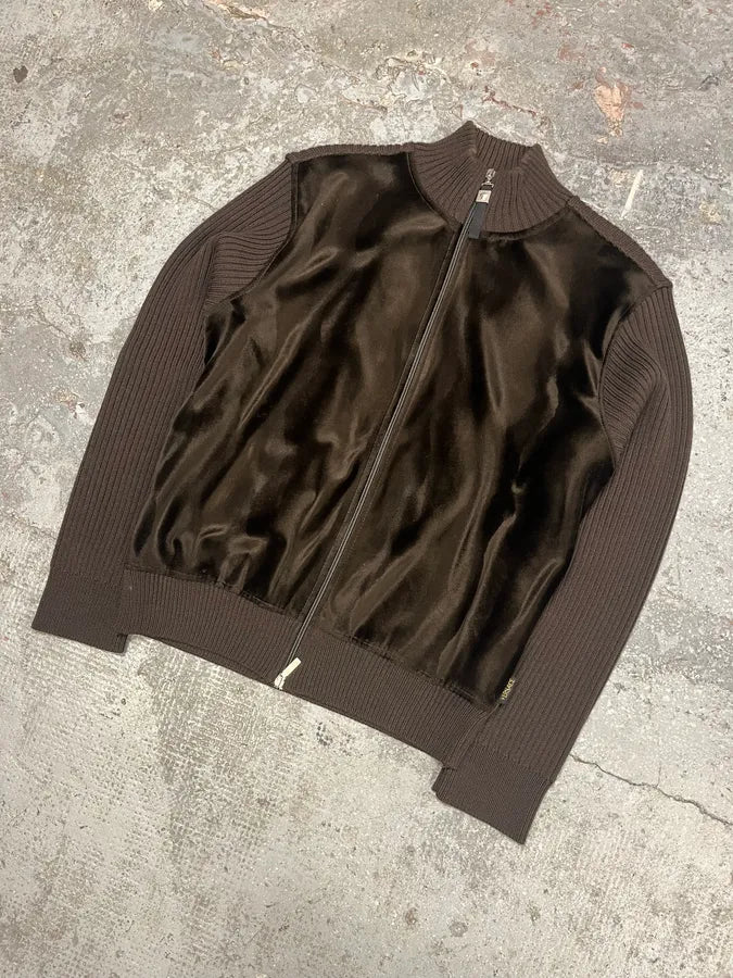 2000s Versace Brown Pony Hair Hybrid Zip-Up Sweater (L) pEGRZdT 3