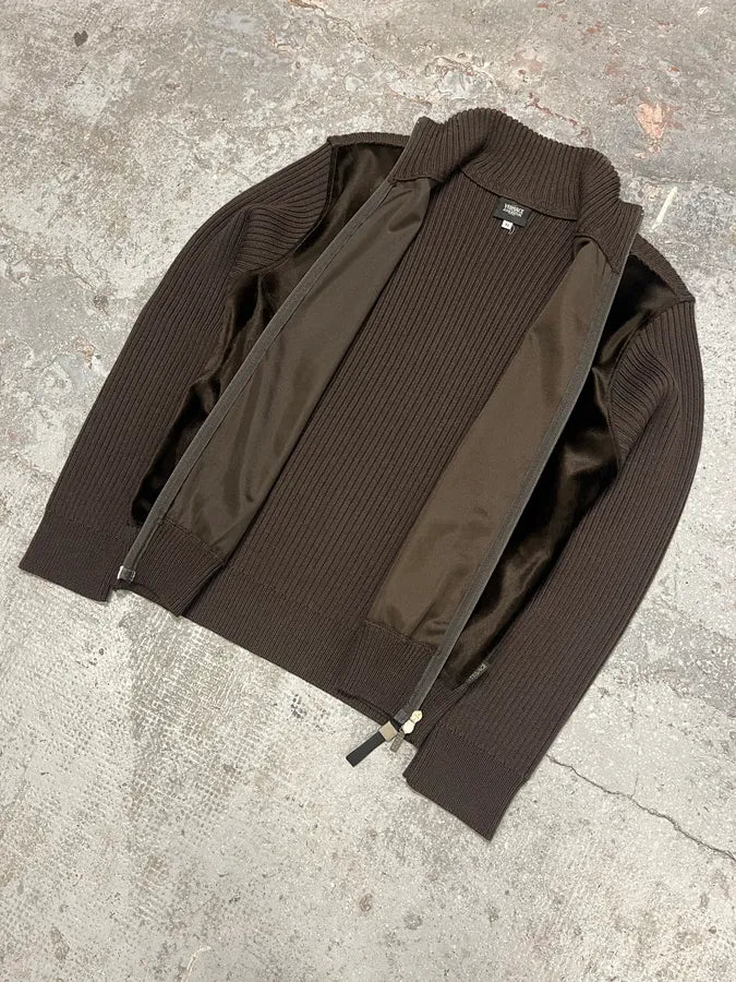 2000s Versace Brown Pony Hair Hybrid Zip-Up Sweater (L) pEGRZdT 4