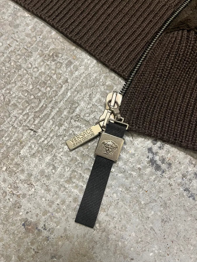 2000s Versace Brown Pony Hair Hybrid Zip-Up Sweater (L) pEGRZdT 6