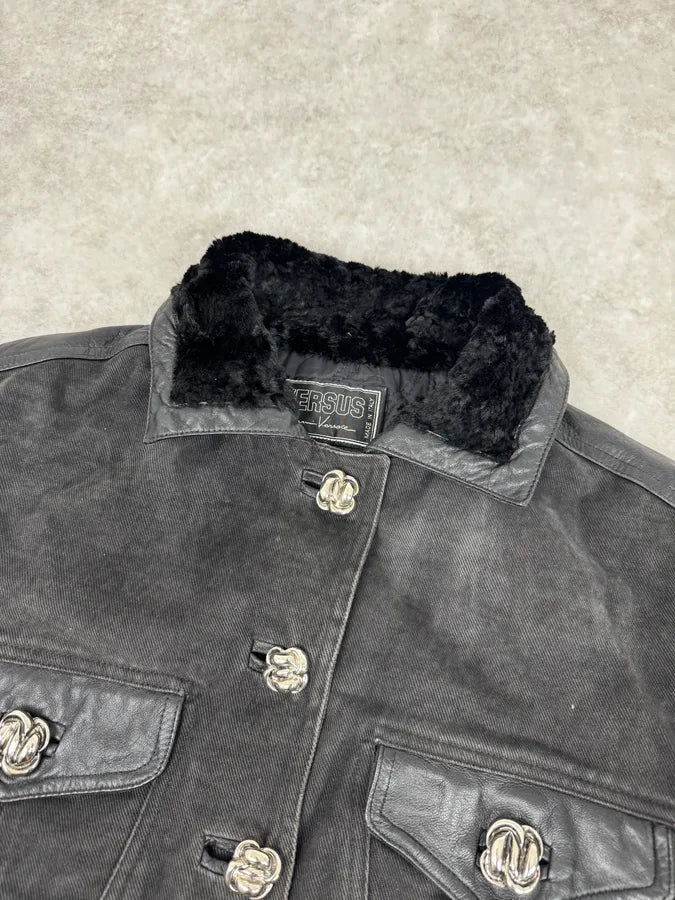 2000s Versace Buttoned Hybrid Denim & Leather Jacket KoCwjnl 4