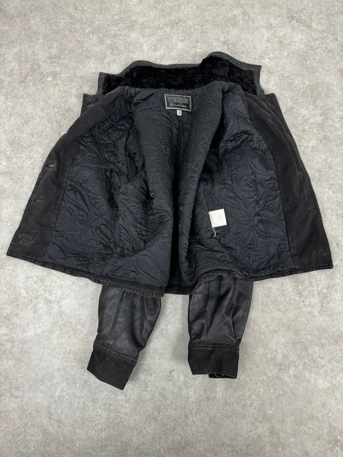 2000s Versace Buttoned Hybrid Denim & Leather Jacket KoCwjnl 6