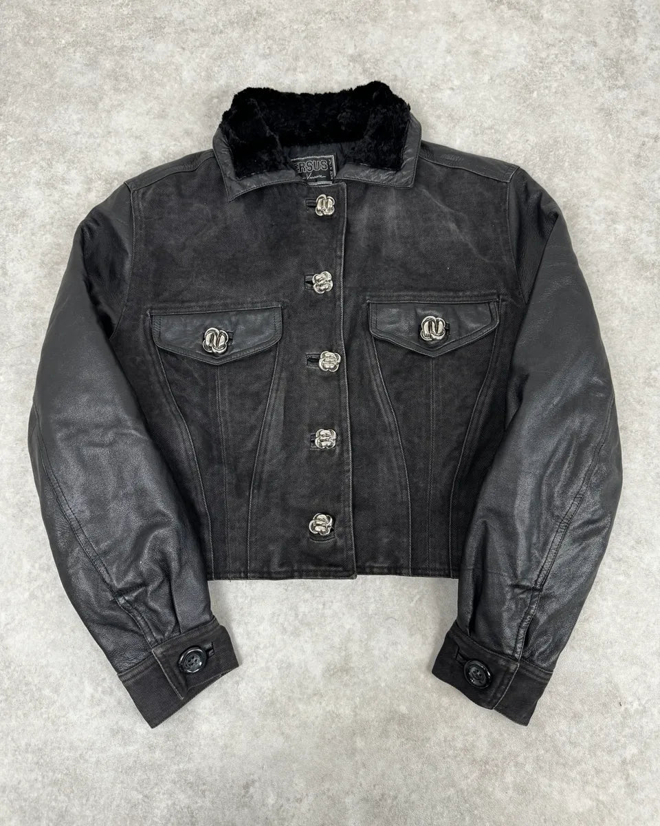 2000s Versace Buttoned Hybrid Denim & Leather Jacket KoCwjnl 0