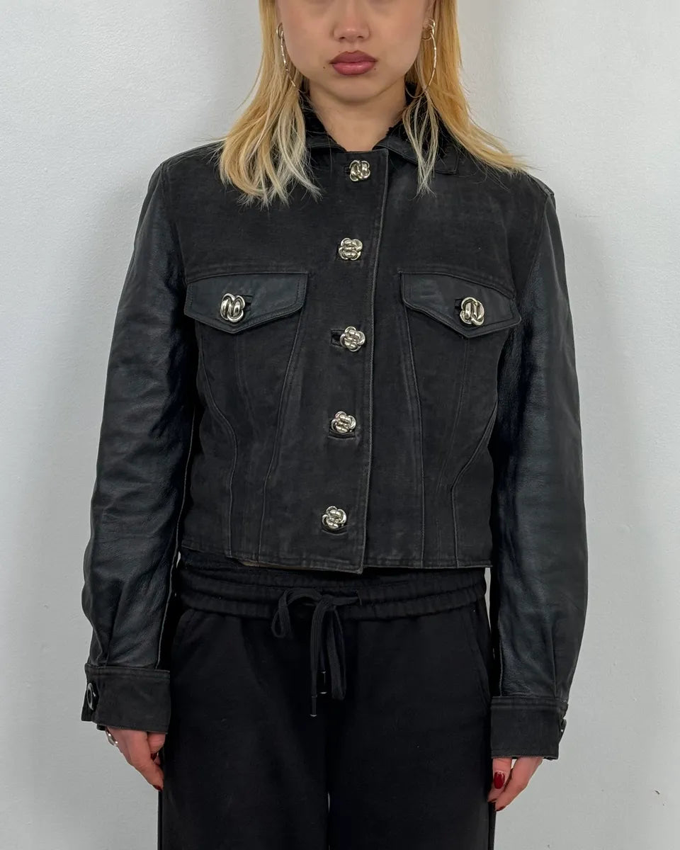 2000s Versace Buttoned Hybrid Denim & Leather Jacket KoCwjnl 1