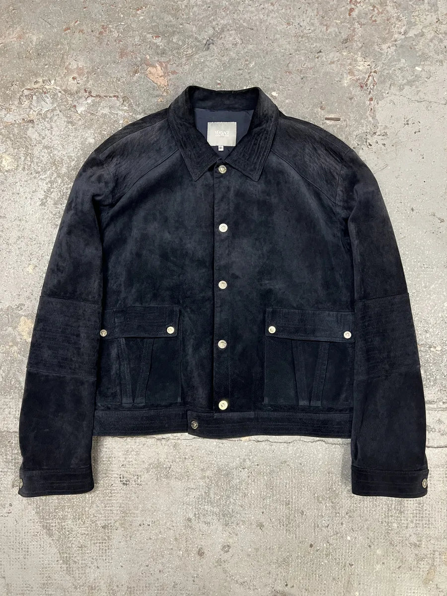 2000s Versace Buttoned Navy Suede Leather Jacket jGCVhoJ 0