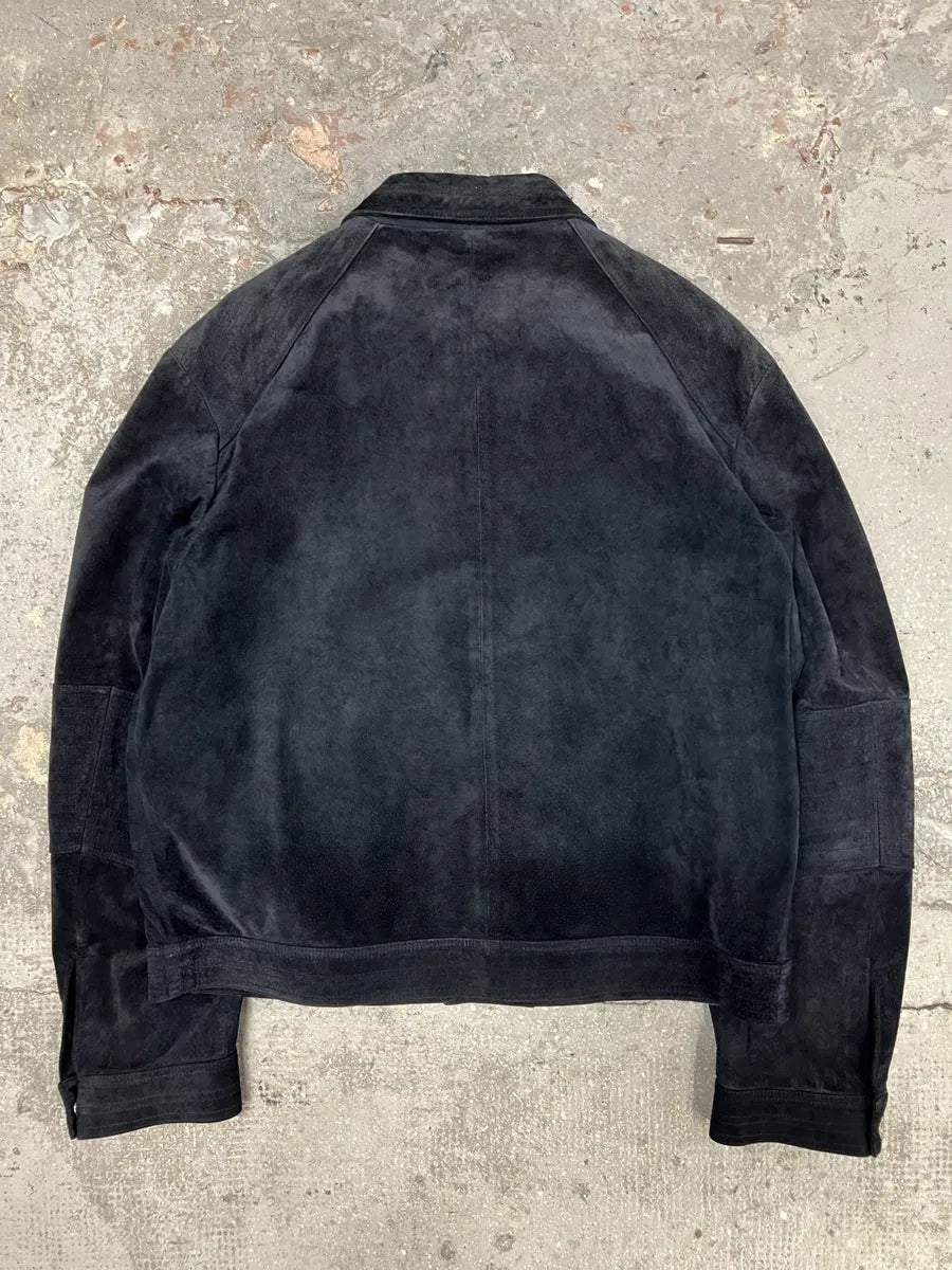 2000s Versace Buttoned Navy Suede Leather Jacket jGCVhoJ 1