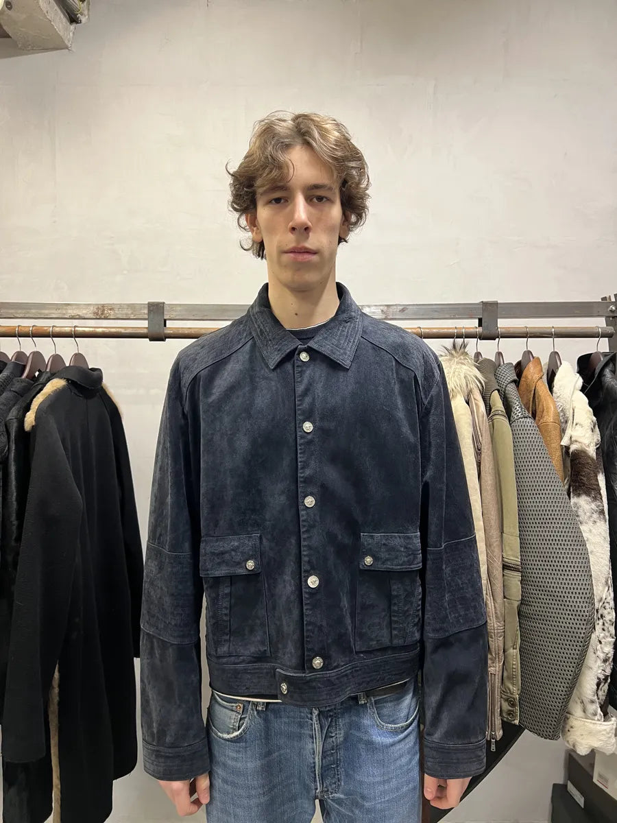 2000s Versace Buttoned Navy Suede Leather Jacket jGCVhoJ 2