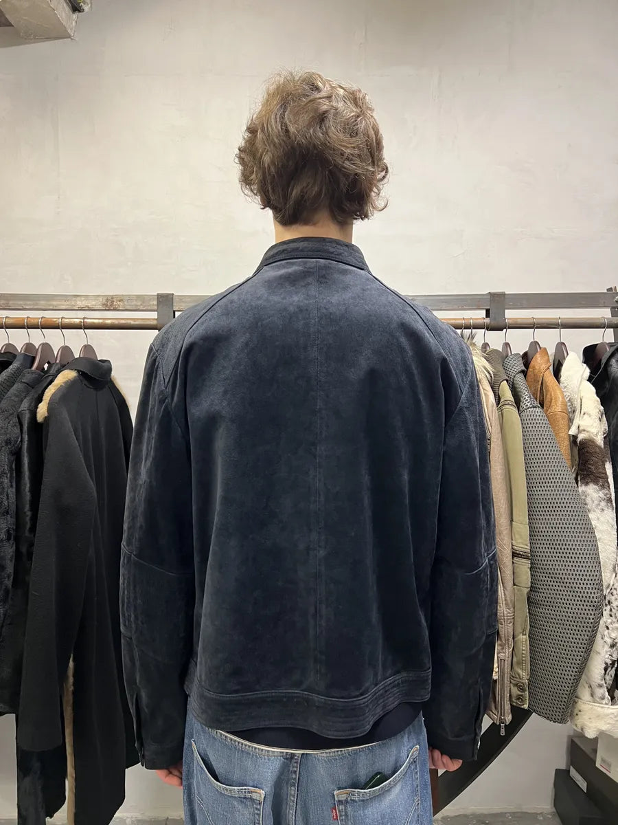 2000s Versace Buttoned Navy Suede Leather Jacket jGCVhoJ 3