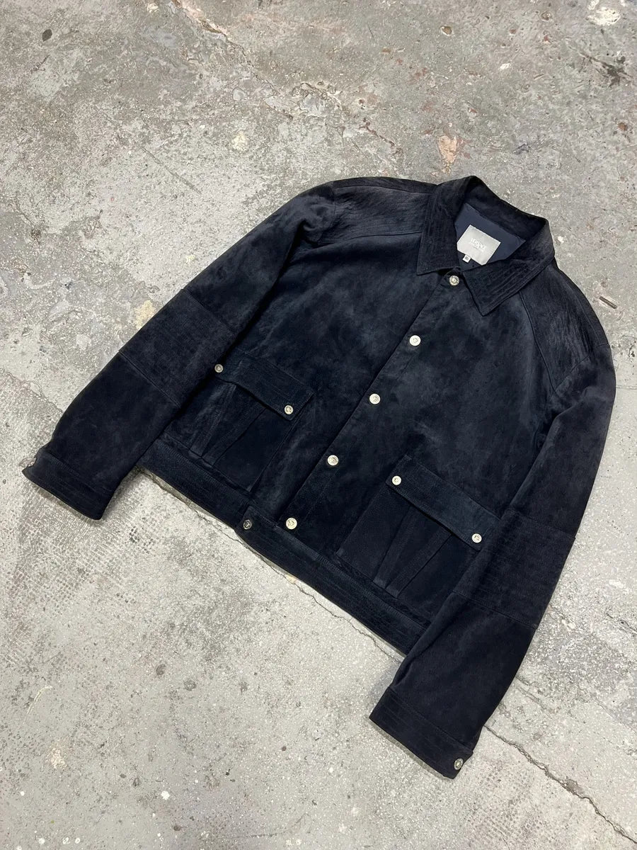2000s Versace Buttoned Navy Suede Leather Jacket jGCVhoJ 4