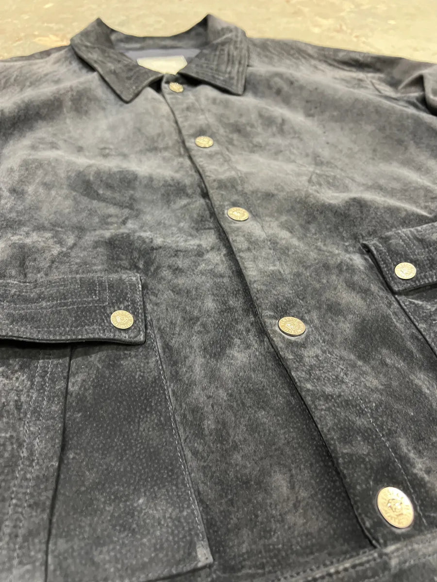 2000s Versace Buttoned Navy Suede Leather Jacket jGCVhoJ 5