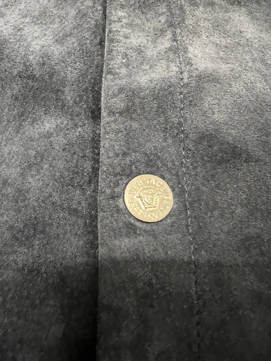 2000s Versace Buttoned Navy Suede Leather Jacket jGCVhoJ 7