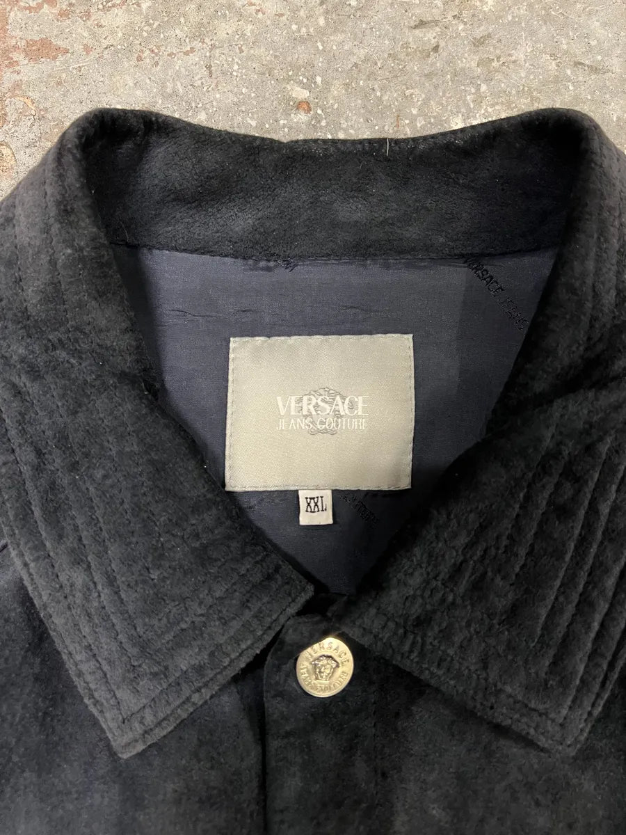 2000s Versace Buttoned Navy Suede Leather Jacket jGCVhoJ 8