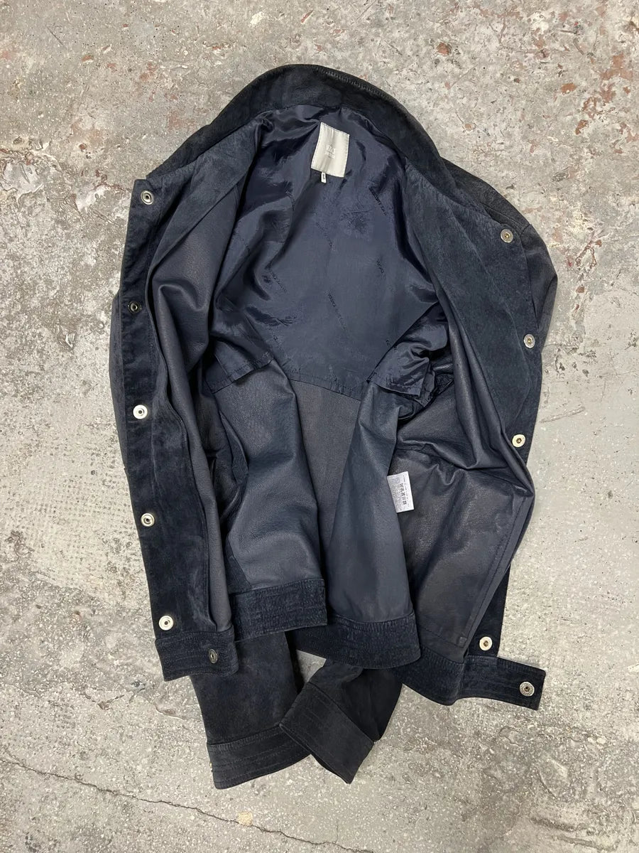 2000s Versace Buttoned Navy Suede Leather Jacket jGCVhoJ 9