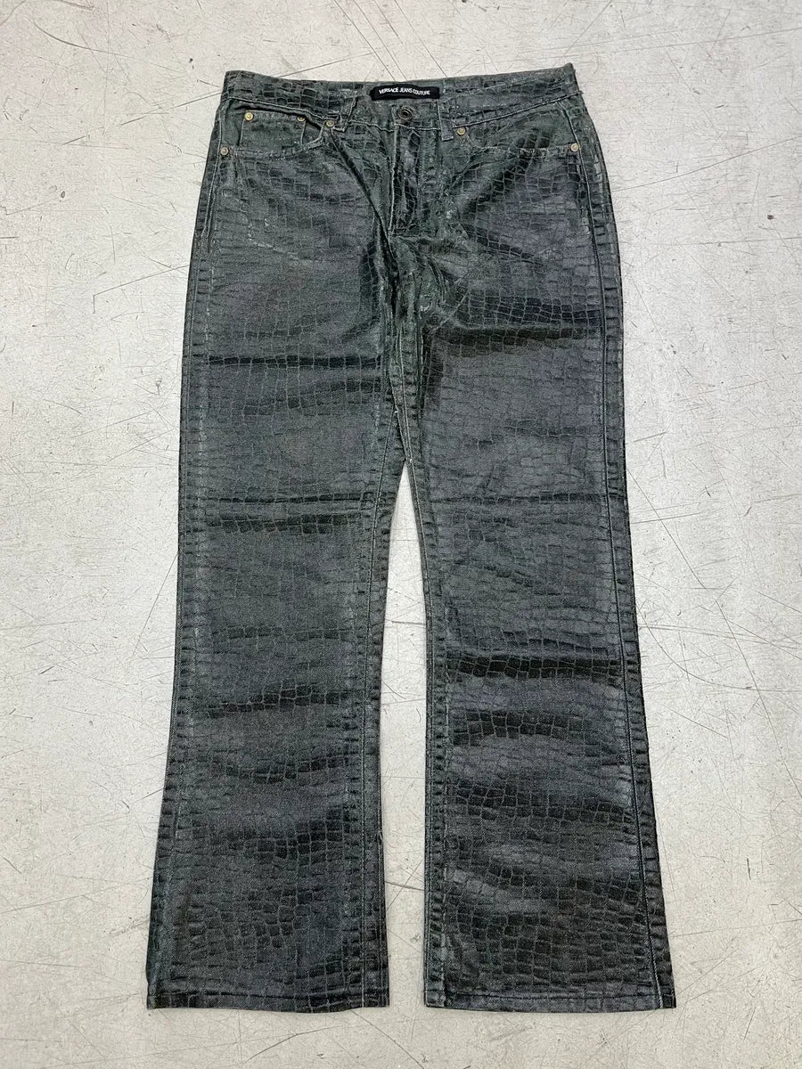 2000s Versace Crocodile Effect Waxed Dark Grey Denim Jeans QgOHbMQ 4