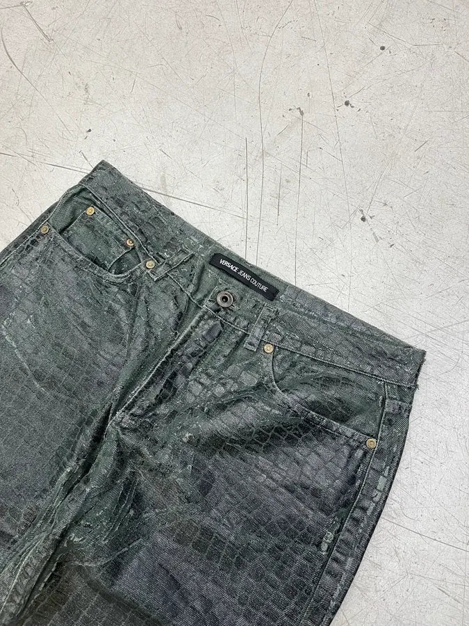2000s Versace Crocodile Effect Waxed Dark Grey Denim Jeans QgOHbMQ 5