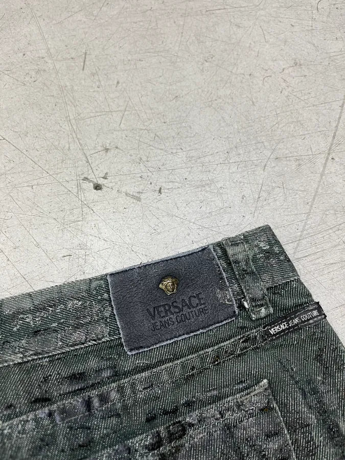 2000s Versace Crocodile Effect Waxed Dark Grey Denim Jeans QgOHbMQ 9